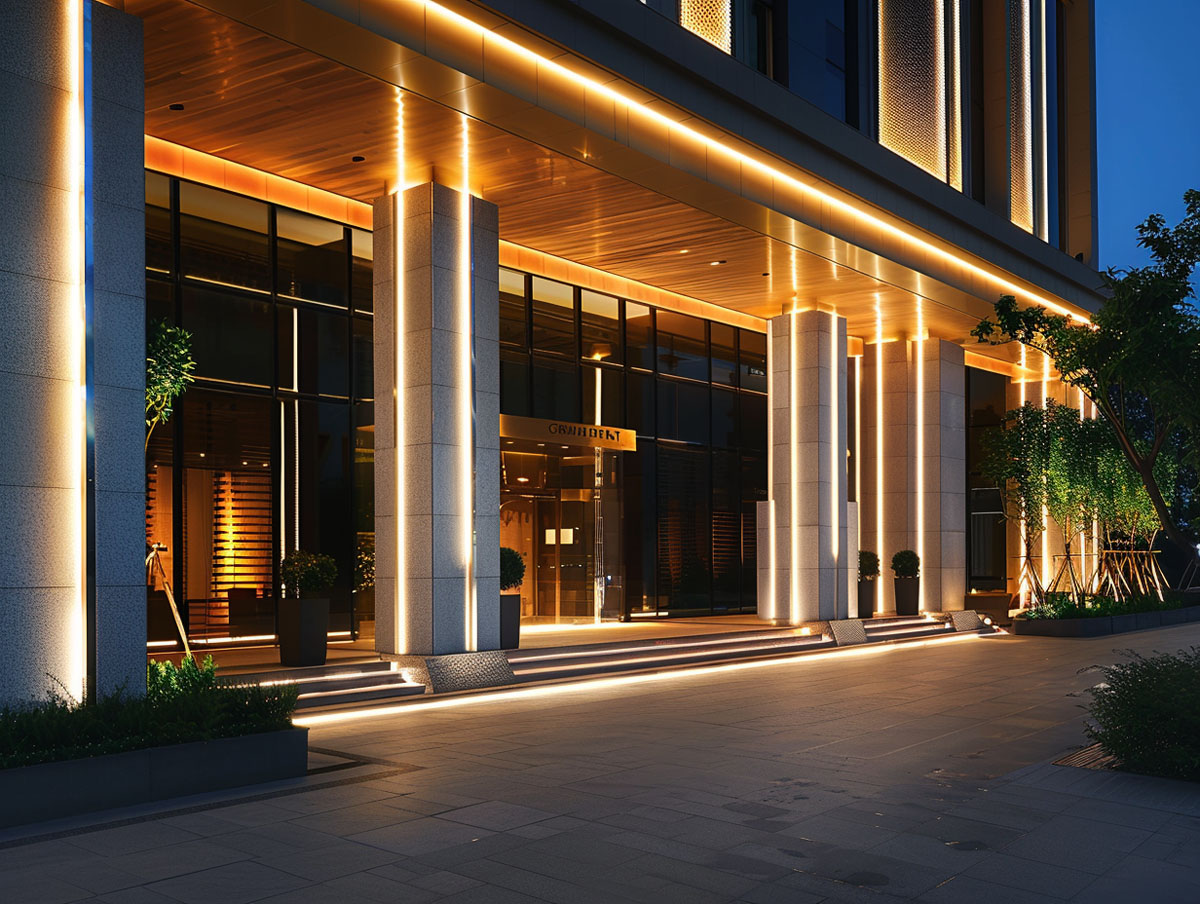 Hotel Facade Lighting Project – Outdoor Wall Lighting hotel facade outdoor wall lighting project with LED facade illumination at night