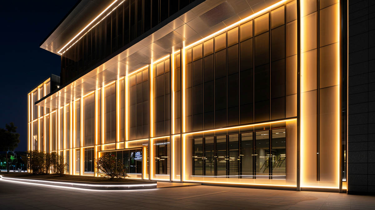 Linear facade lighting outlining commercial building edges with warm white LED strips