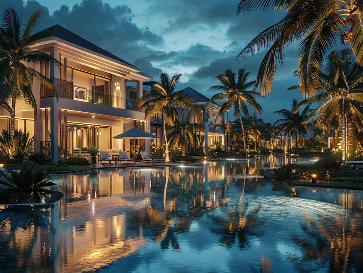 Resort Exterior Wall Lighting Project resort outdoor wall lighting with pool and palm trees at night