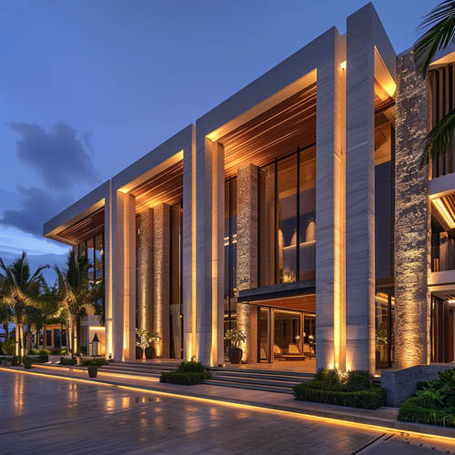 resort building facade lighting with wall washer lights highlighting columns at night