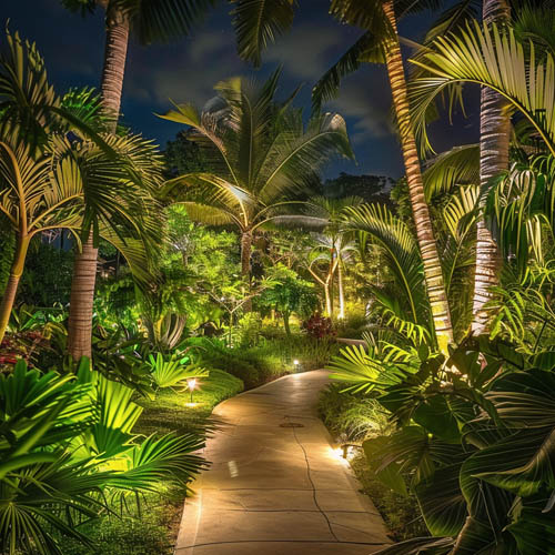 resort landscape lighting with tropical plants and ambient lighting at night
