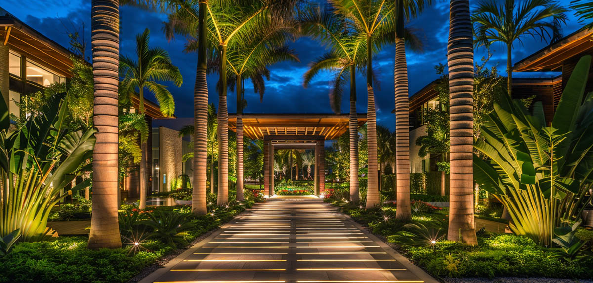 resort outdoor lighting with palm trees and illuminated pathway at night