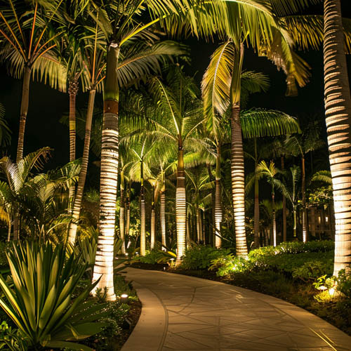 palm tree lighting in resort landscape with warm uplights and curved pathway