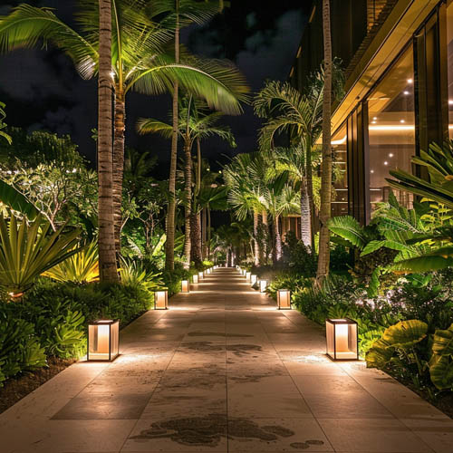 resort pathway lighting with bollard lights along walkway at night