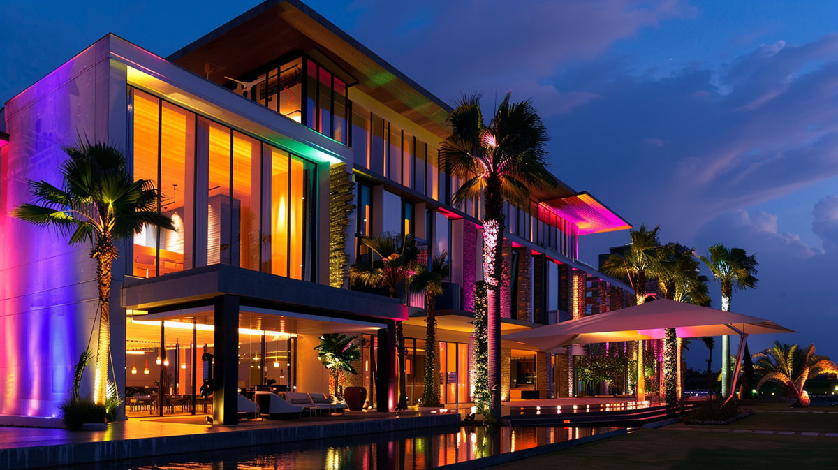 RGB wall lighting for hotel facade with color changing architectural lighting effect