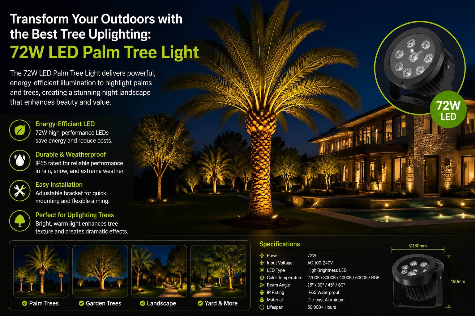 Transform Your Outdoors with the Best Tree Uplighting: 72W LED Palm Tree Light