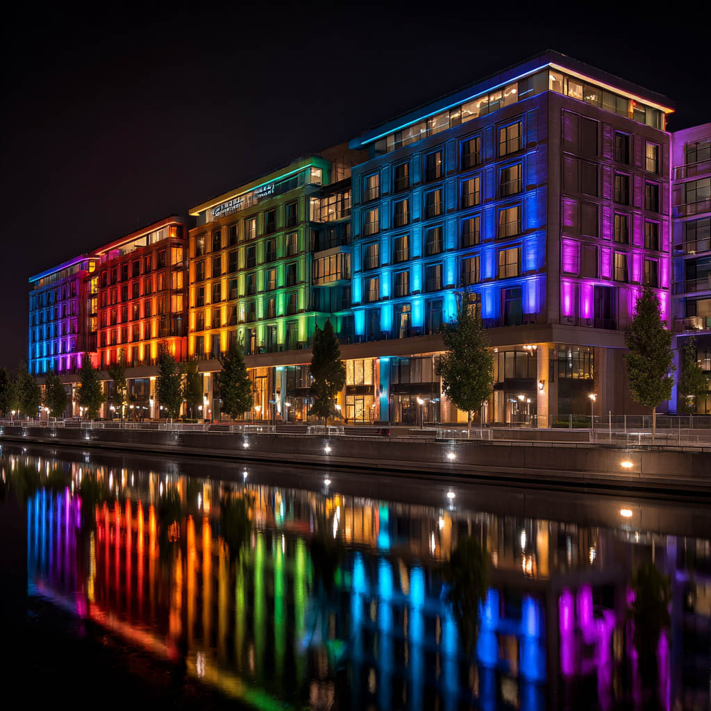 Modern hotel facade with DMX-controlled RGB wall lights at night, showing synchronized dynamic color effects