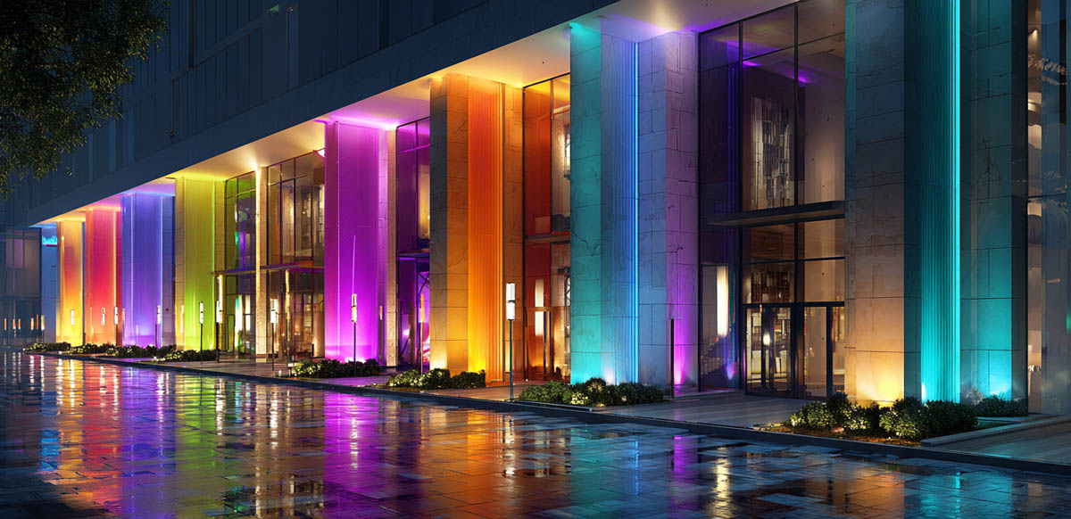 RGB commercial facade lighting for modern hotel and office buildings