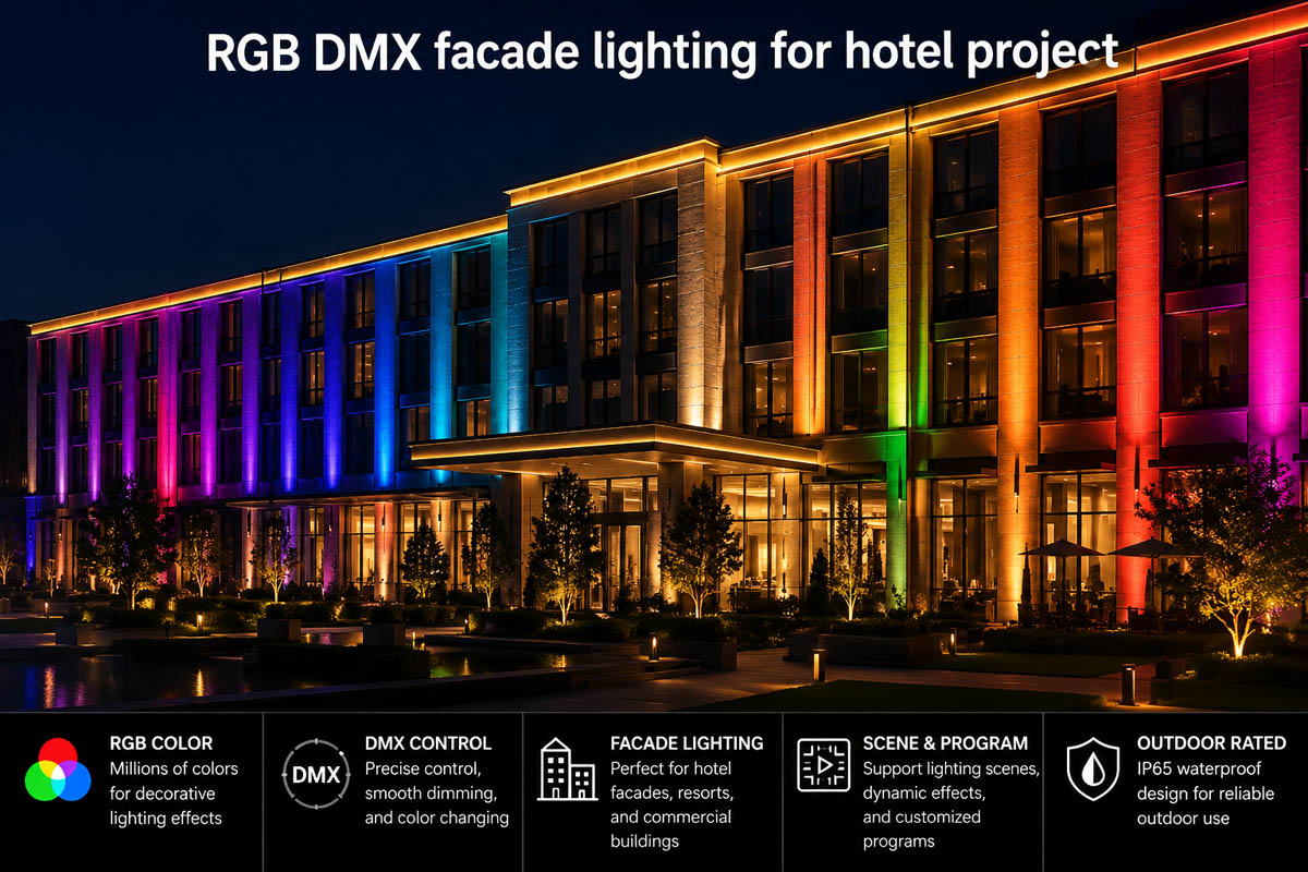 RGB DMX facade lighting for hotel exterior project