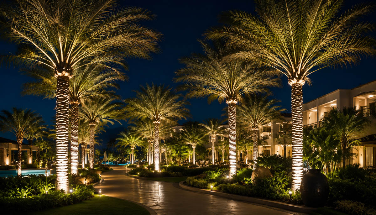 uniform palm tree illumination in resort landscape lighting projects