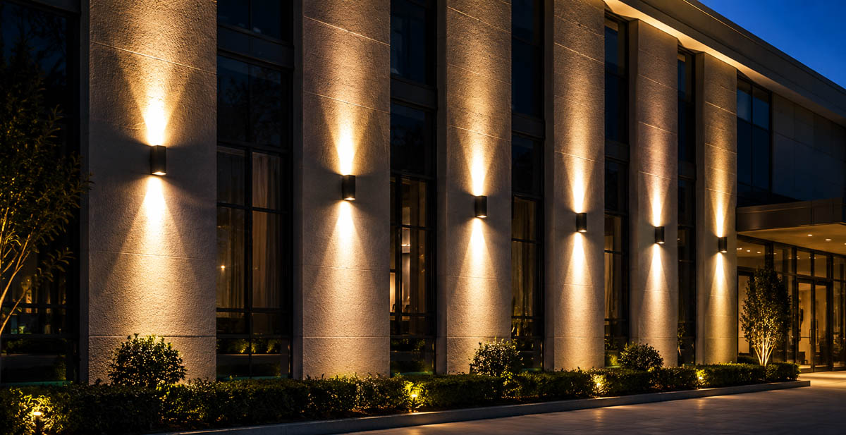 Up and down wall lights for commercial building facades and hotel exterior lighting