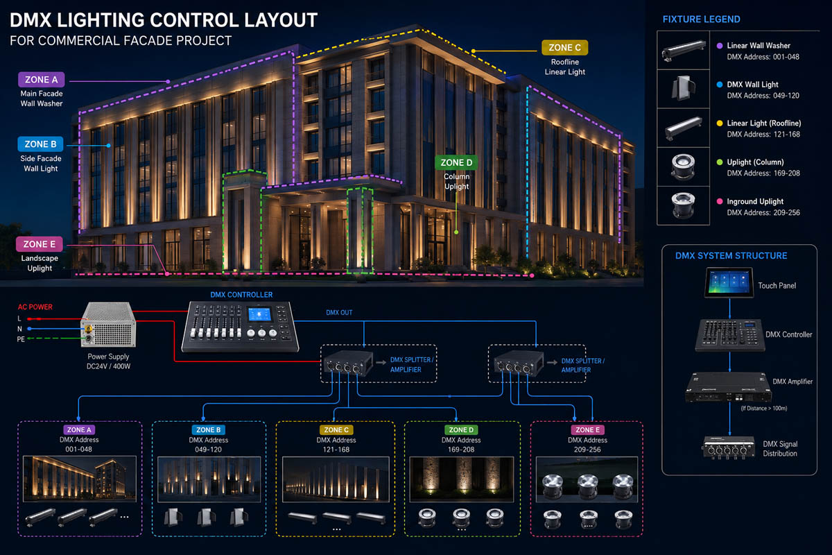 DMX Lighting Control Layout for Commercial Facade Project DMX lighting control layout for commercial facade project