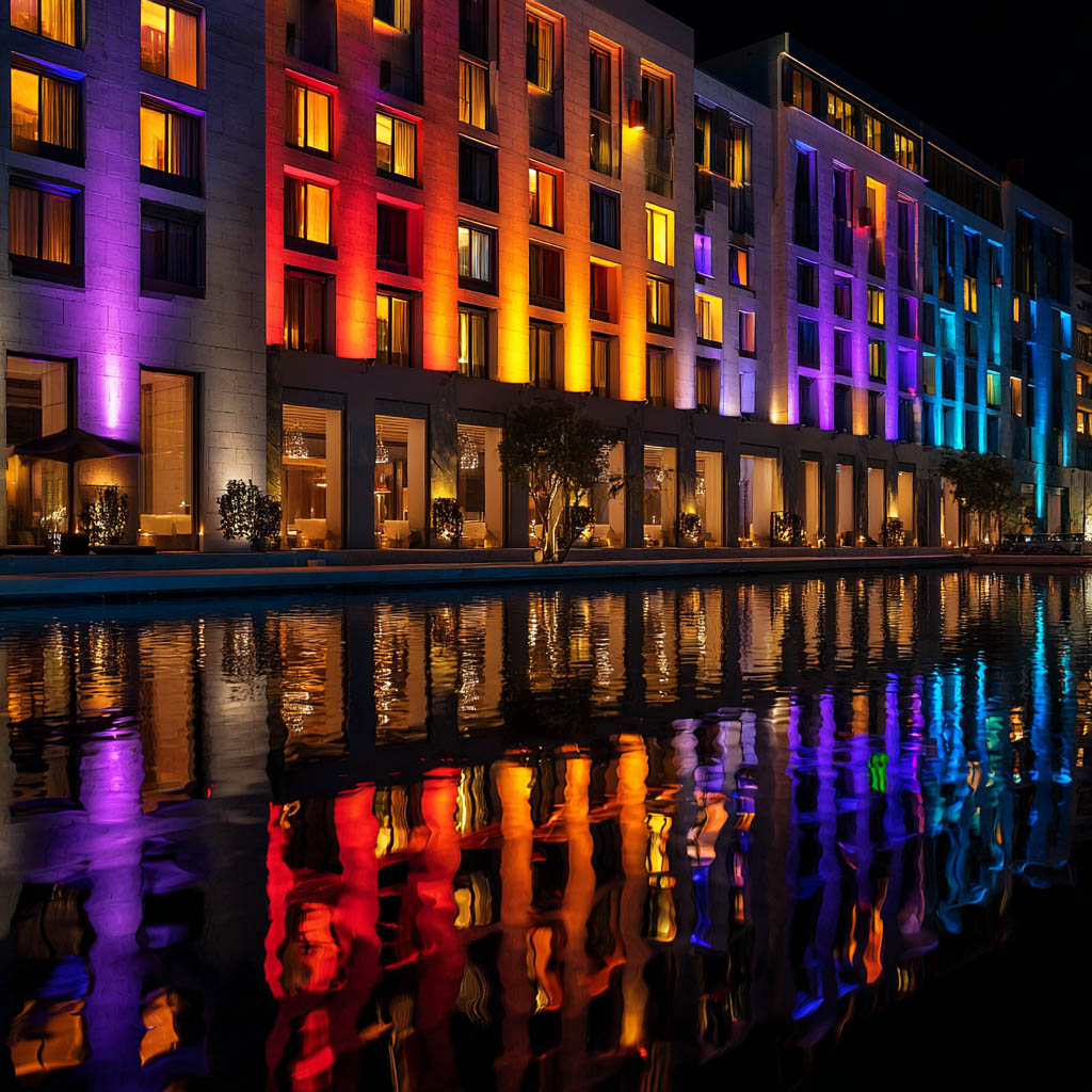 Hotel facade with DMX color-changing LED wall lights at night, showing dynamic lighting effects
