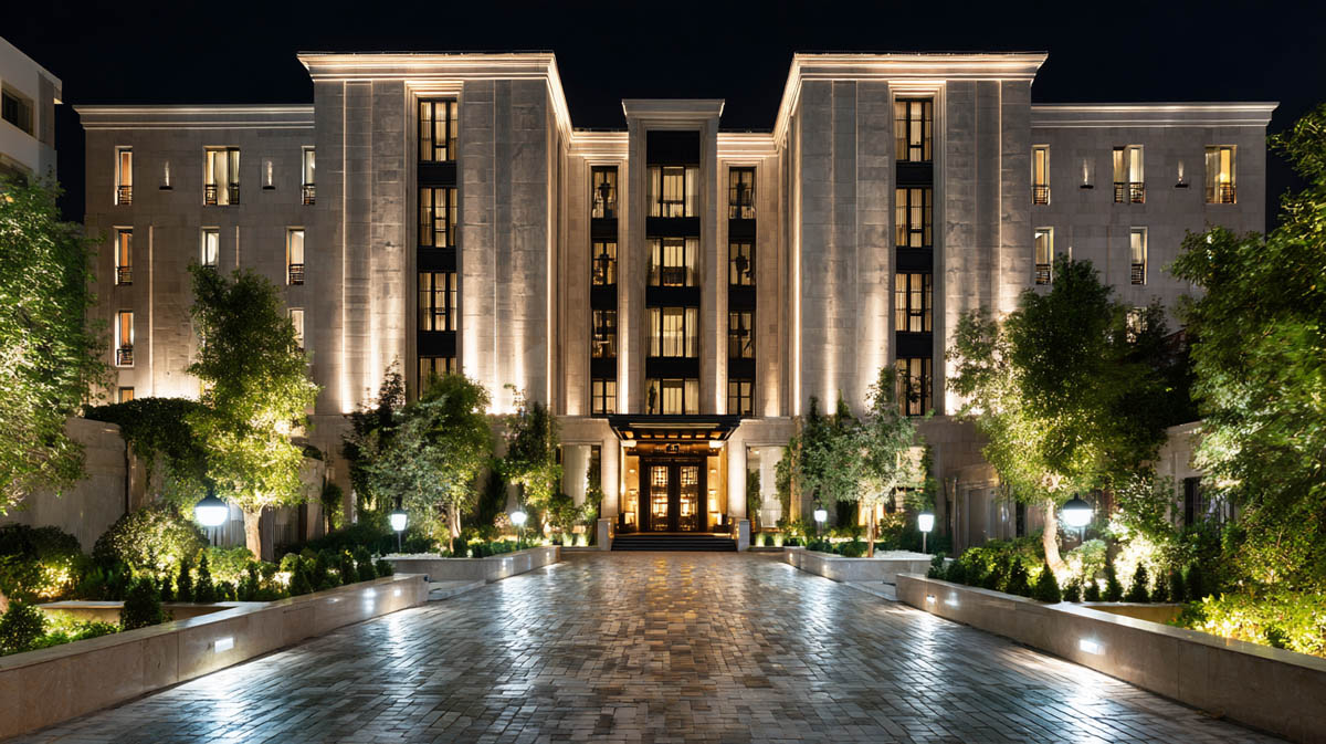 Luxury hotel facade uplighting and architectural exterior lighting