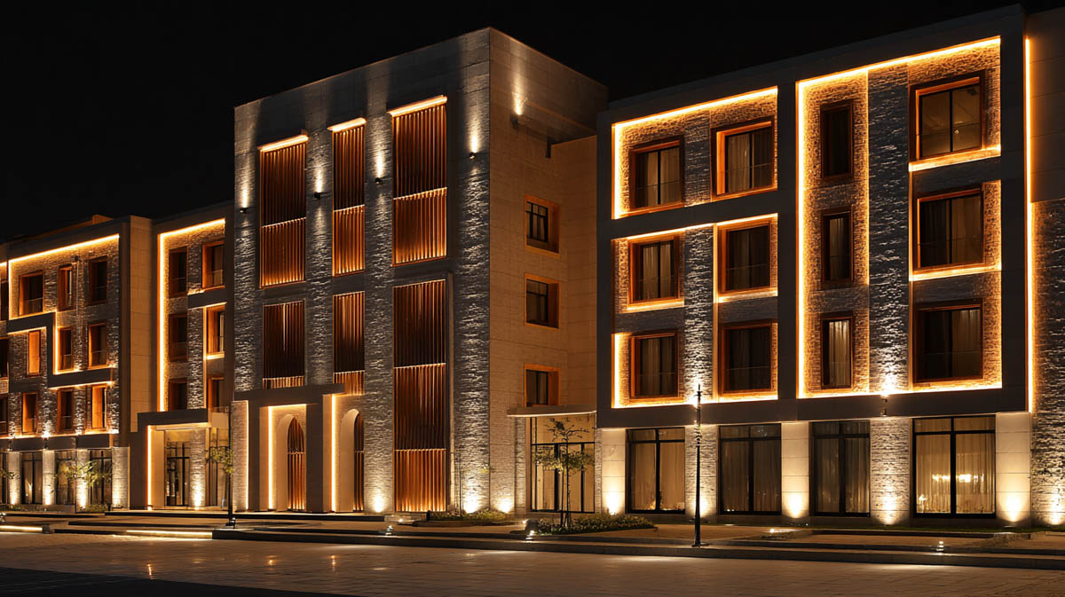 Hotel facade lighting with modern LED wall lights