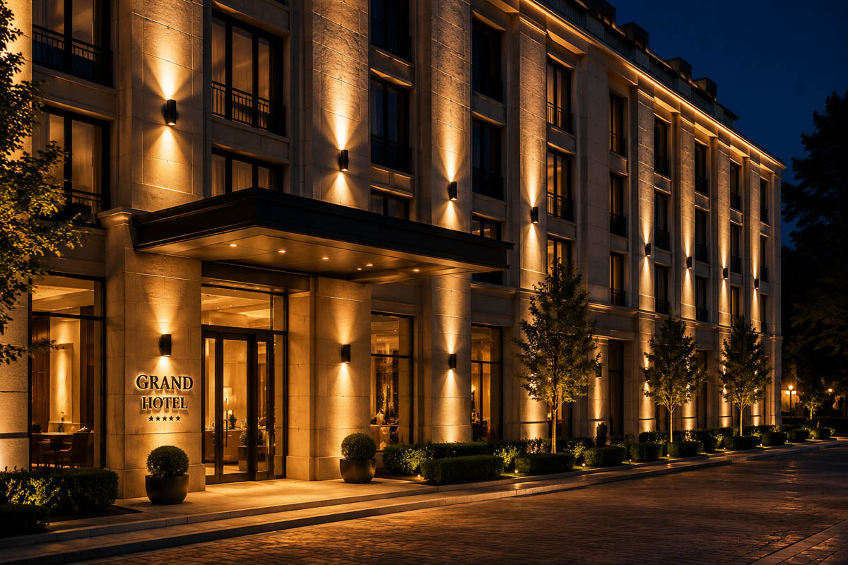 Hotel outdoor wall lighting at night