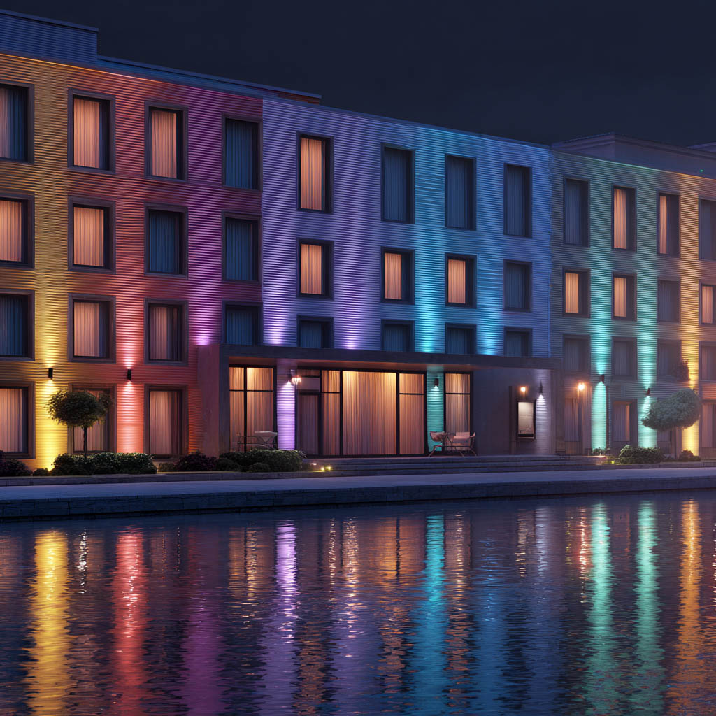 Hotel facade with RGB static LED wall lighting at night, showing appealing color effects