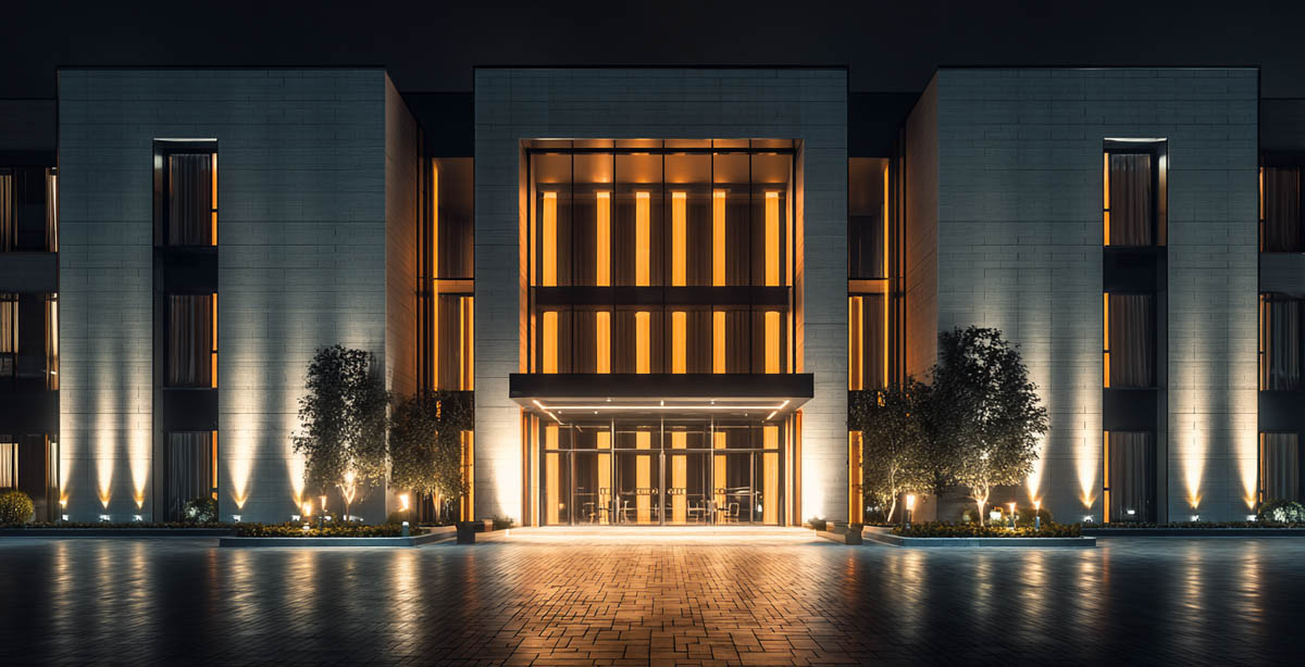 Modern hotel facade with architectural uplighting and exterior wall lighting