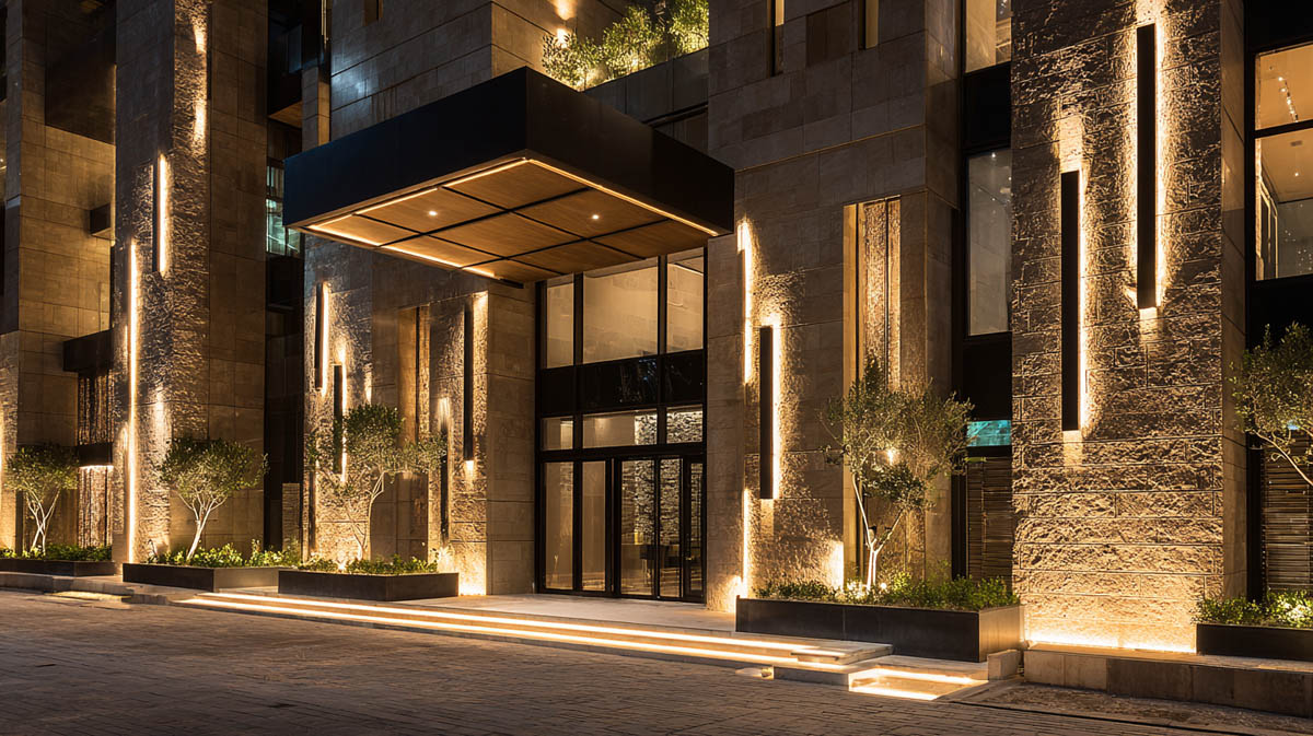 led-wall-light-up-down-effect Modern building illuminated with up and down LED wall lights