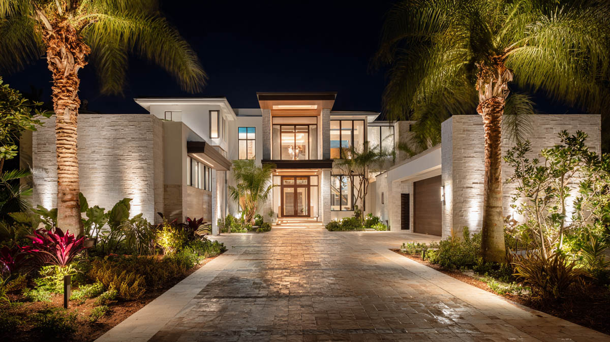 modern-villa-facade-wall-lighting Modern villa facade with warm white architectural wall lighting