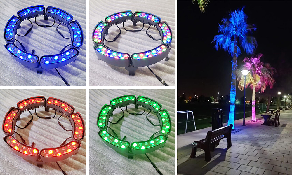 Modular LED Palm Tree Ring Uplight System Modular LED palm tree ring uplight for resort landscape lighting