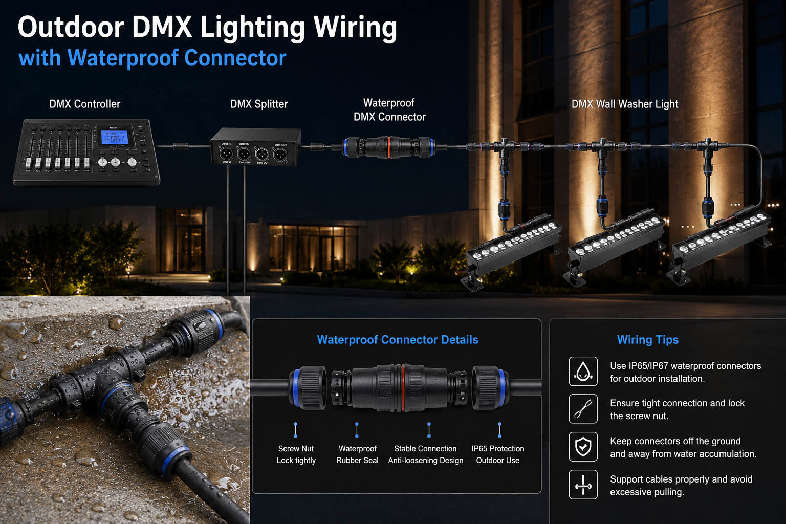 Outdoor DMX Lighting Wiring with Waterproof Connector Outdoor DMX lighting wiring with waterproof connector for commercial facade lighting