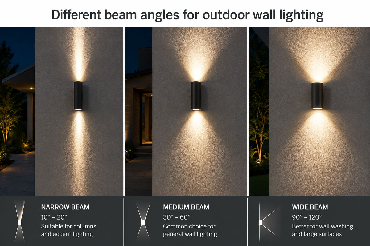 Comparison of narrow, medium, and wide beam angles for outdoor wall lighting applications.