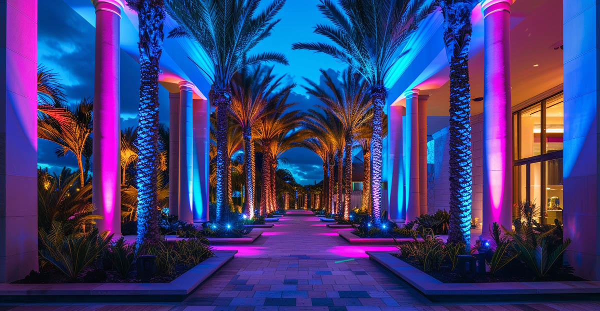 Palm Tree Ring Light Hotel Landscape Project RGB palm tree ring uplights in hotel landscape lighting project