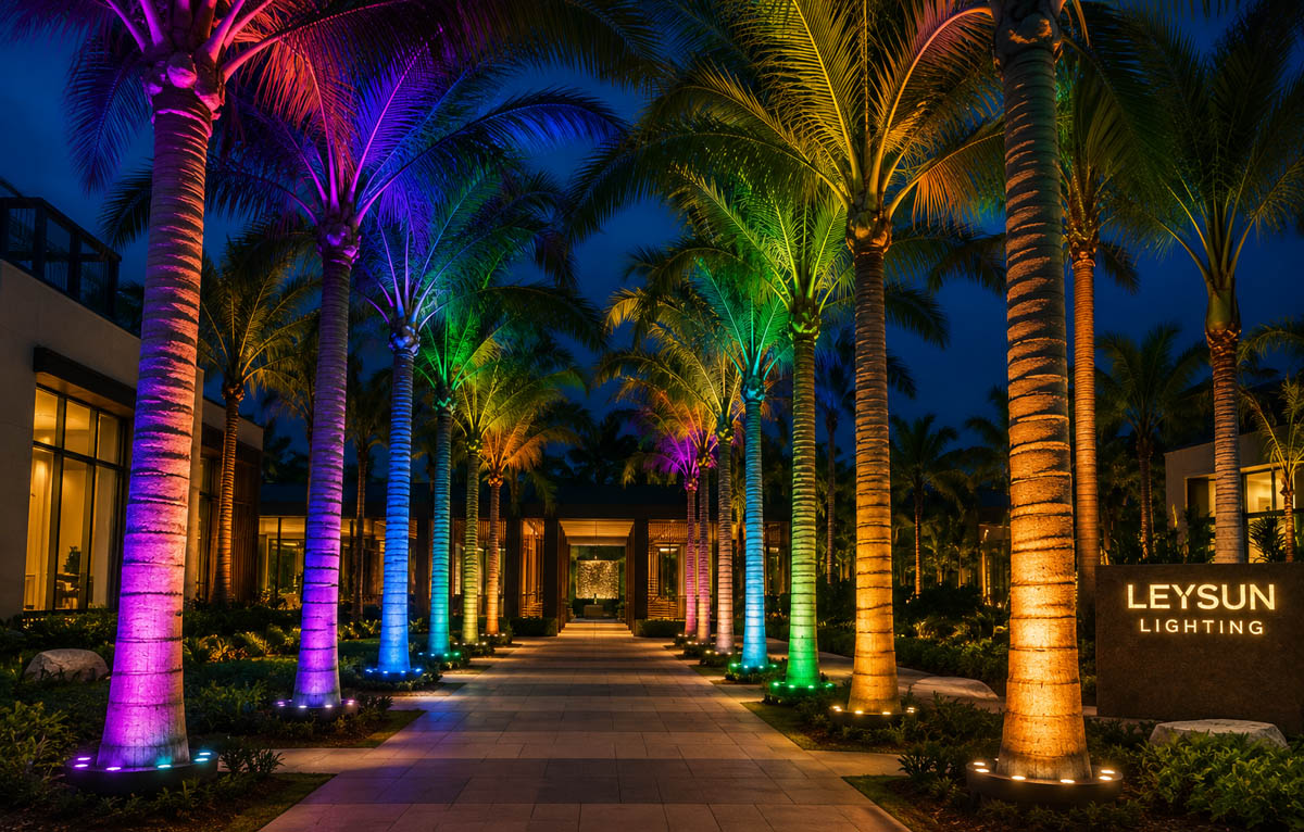 RGB Palm Tree Ring Light Resort Landscape RGB LED palm tree ring uplights in luxury resort landscape lighting
