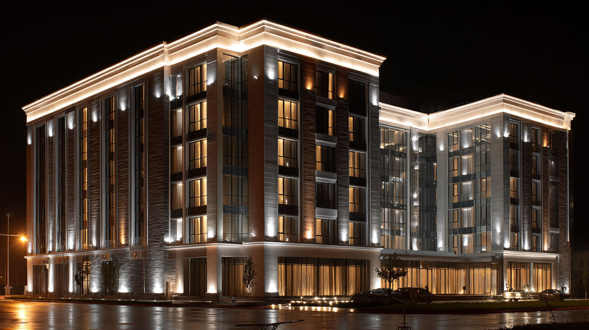 Architectural wall lighting project for commercial building facade