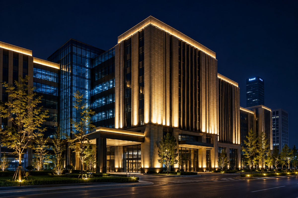 Commercial building lighting project with architectural facade illumination at night