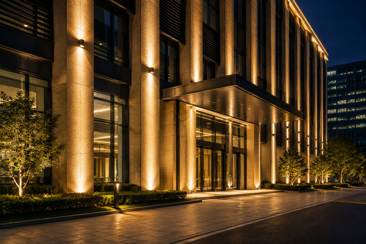 Commercial exterior lighting design with warm white architectural wall lighting