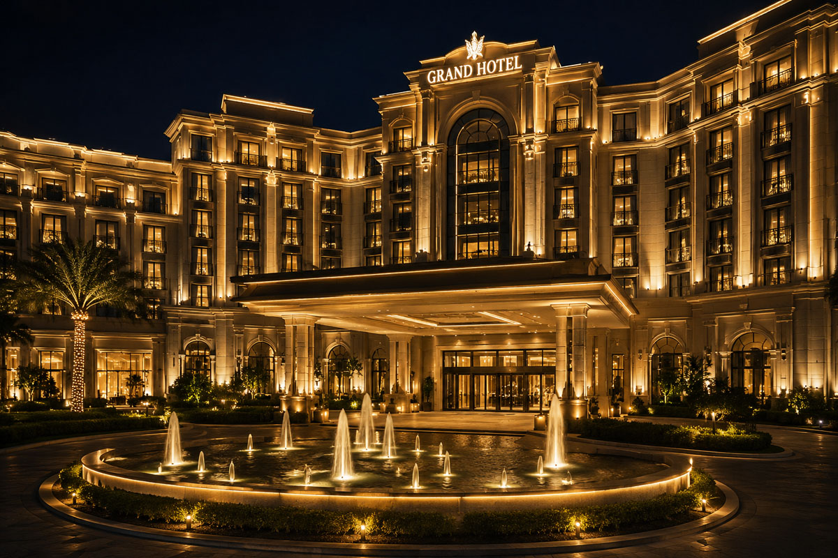 Hotel facade lighting project with warm white exterior illumination at night