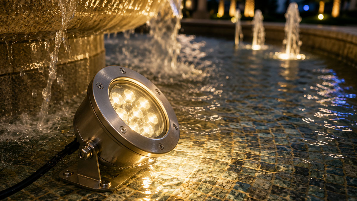 IP68 stainless steel underwater fountain light installed in fountain basin