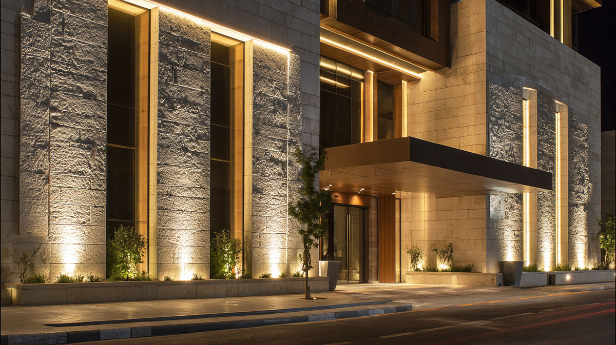 Luxury hotel entrance lighting with warm white architectural facade illumination