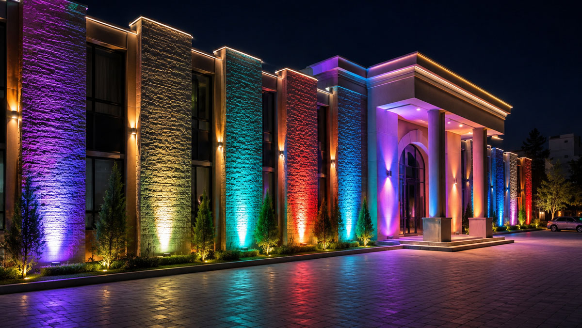 RGB architectural wall lighting on commercial building facade with dynamic color changing effects