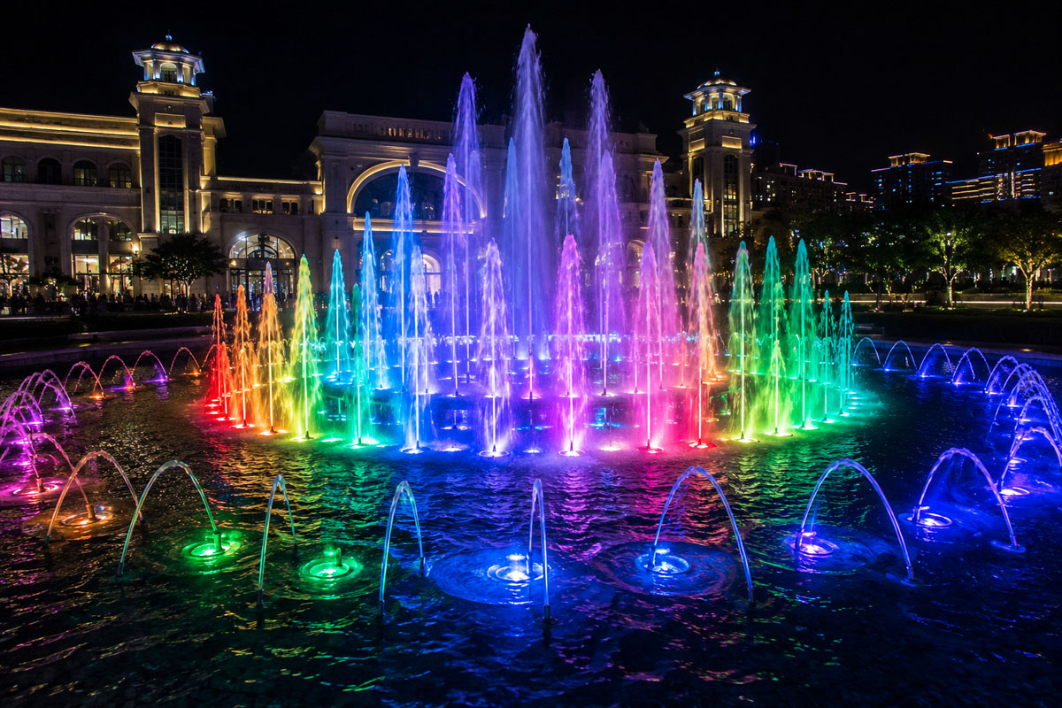 RGB DMX fountain lighting project with synchronized color changing water jets