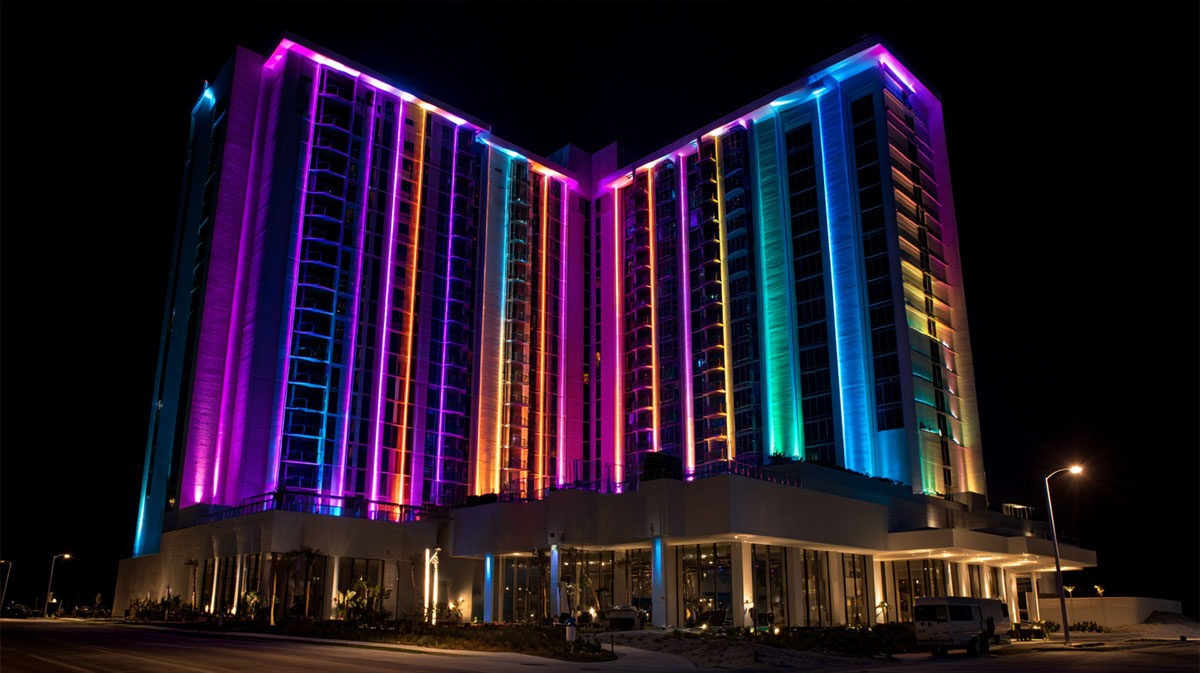 RGB DMX hotel facade lighting with color changing architectural effects