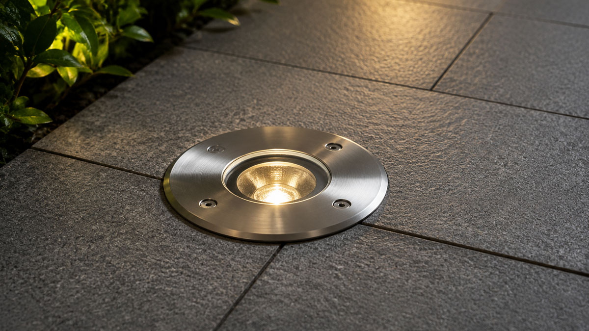 stainless-steel-led-inground-light Stainless steel LED inground light installed in pavement for landscape lighting