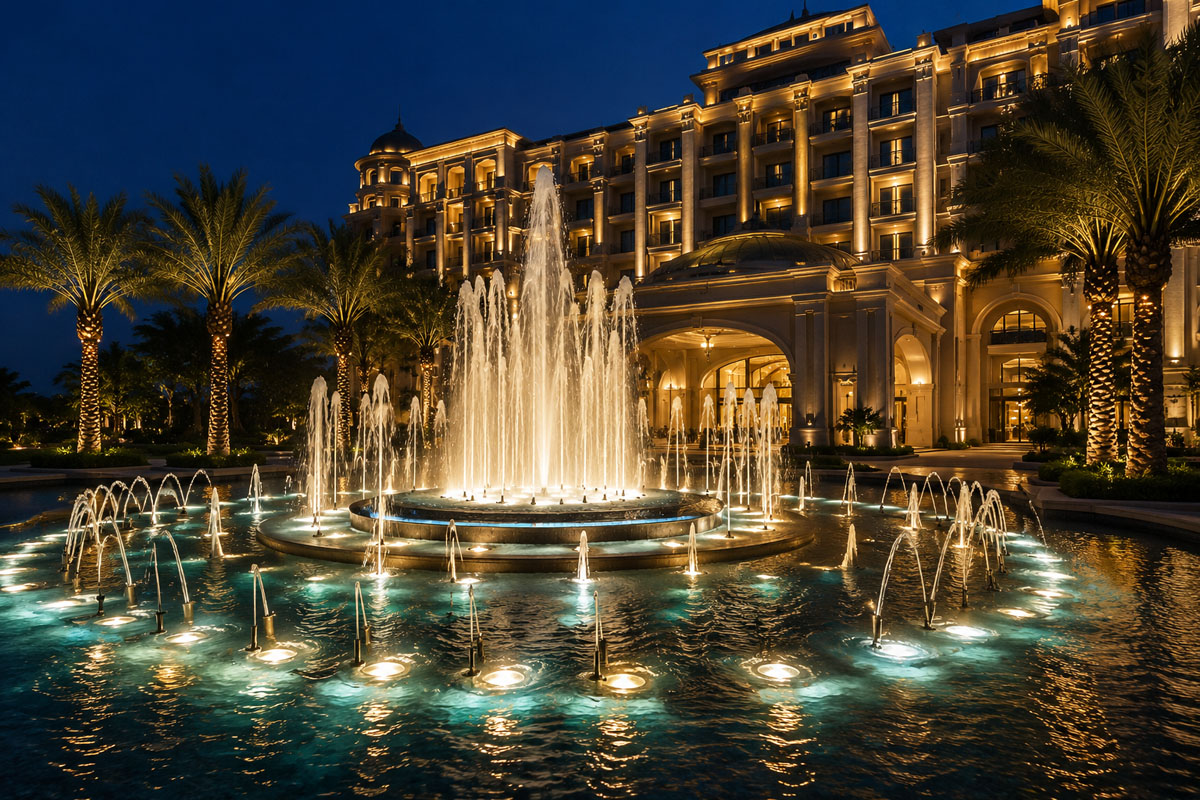 Underwater fountain lights illuminating a luxury hotel fountain at night