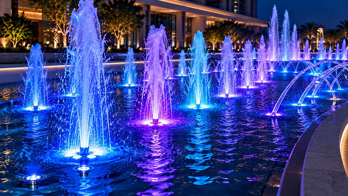 DMX fountain lighting with multiple synchronized RGB underwater lights