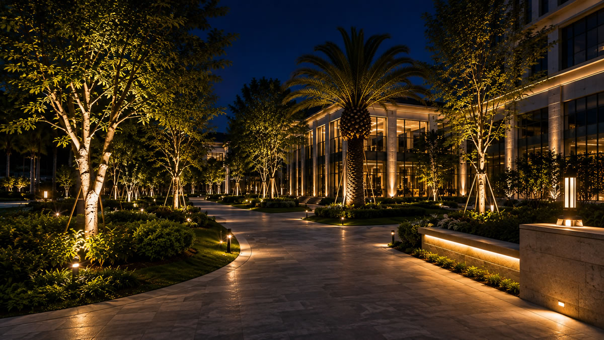 Landscape uplighting project for trees gardens and outdoor architecture