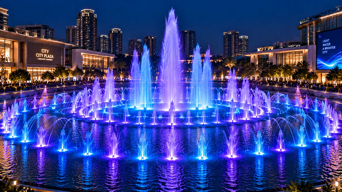 LLarge DMX fountain lighting project with synchronized RGB water effects