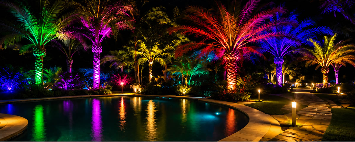 RGB landscape lighting project with palm trees and resort pool at night