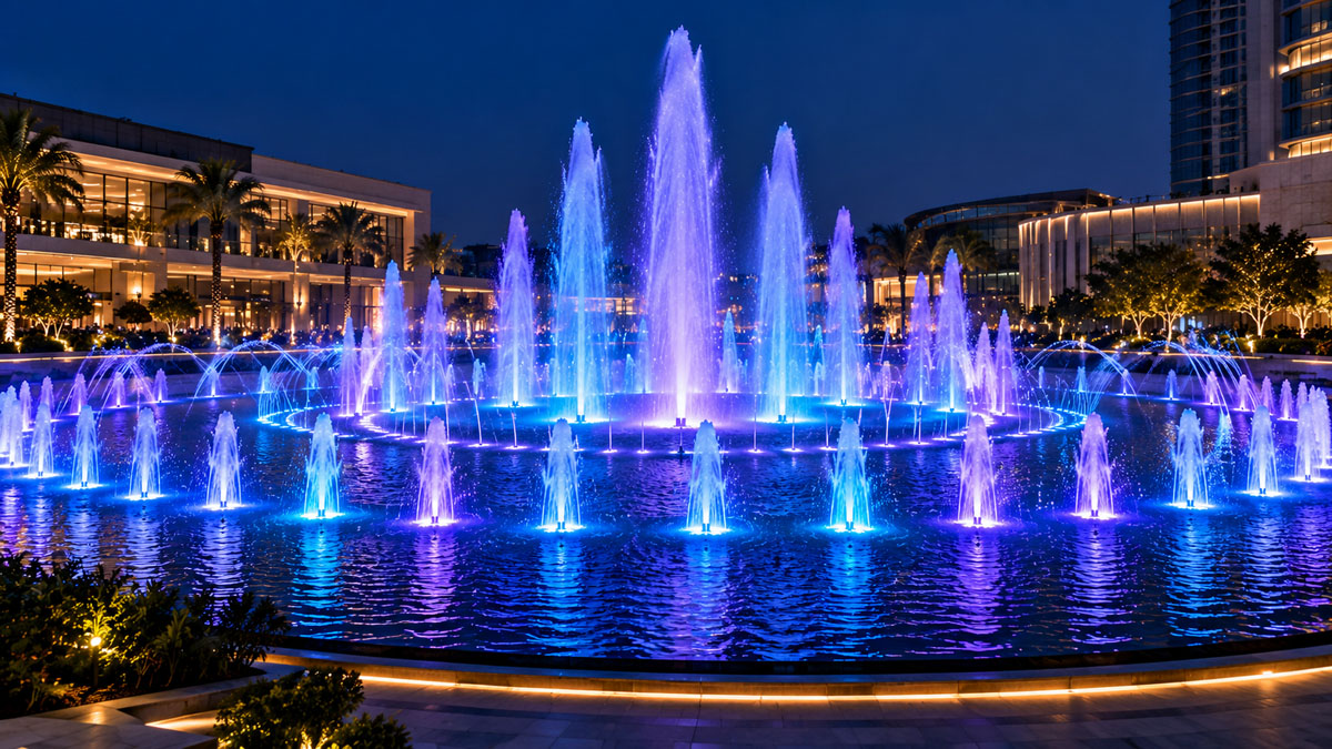 RGB fountain lighting with synchronized DMX color-changing effects