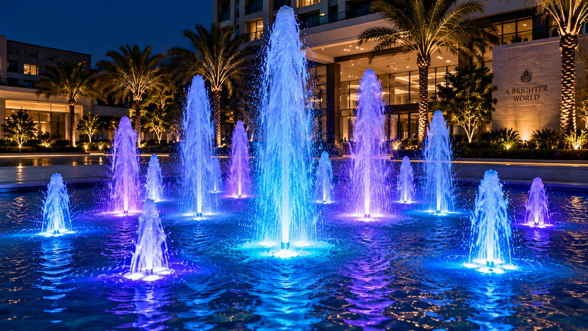 RGB underwater fountain lighting project with colorful water jets at night